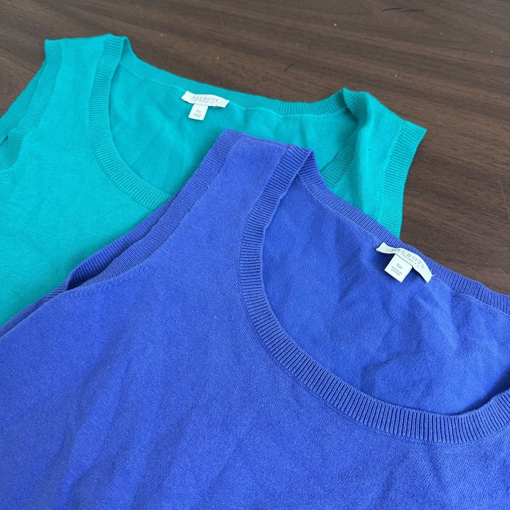 Talbots Sweater Vest Blue Green Soft Knit Cotton Scoop Neck Lots Of 2 Womens PS